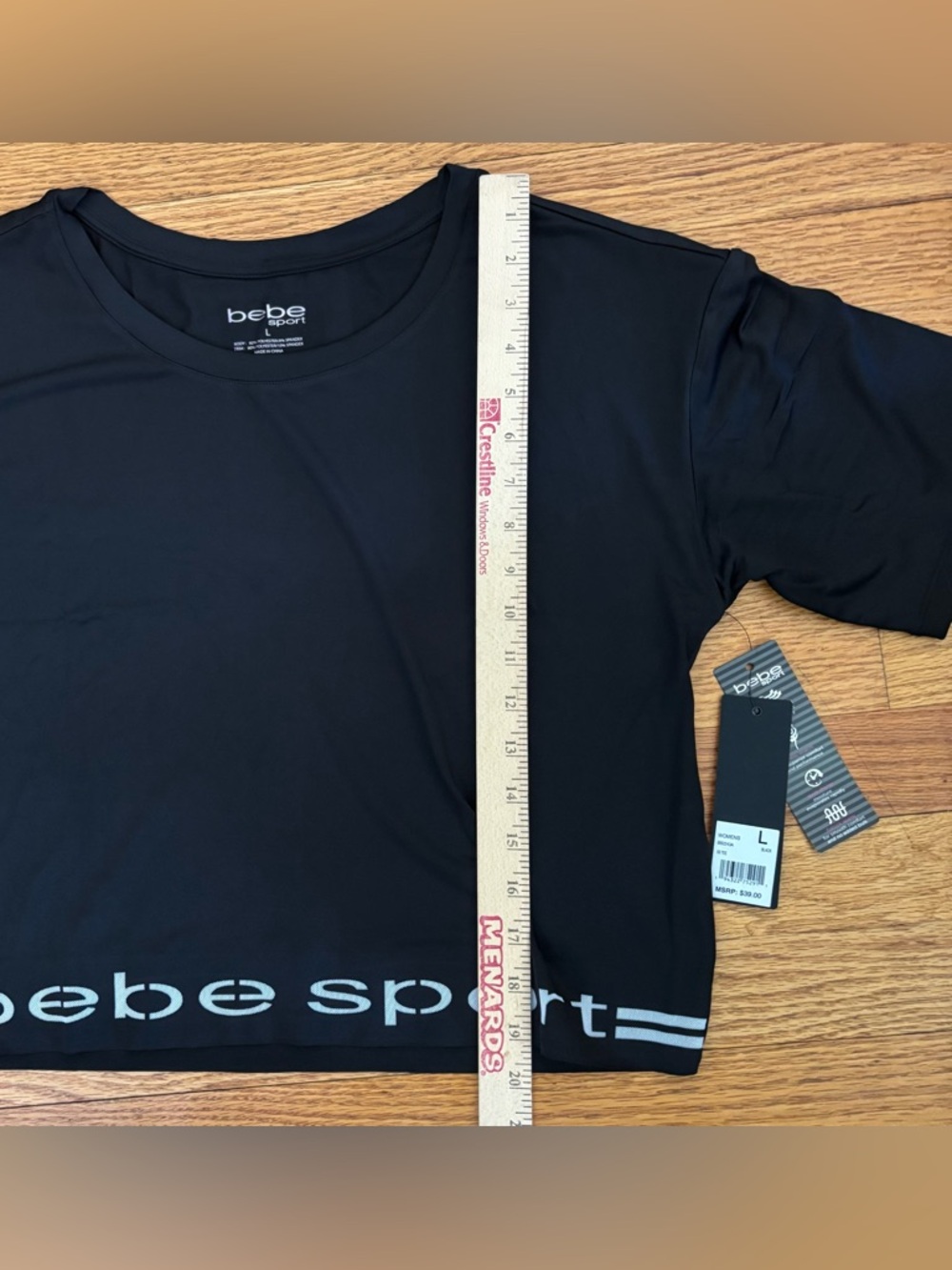bebe sport Athletic Tee Women’s Large Black /White Cropped Shirt Logo Casual New - Picture 6 of 6